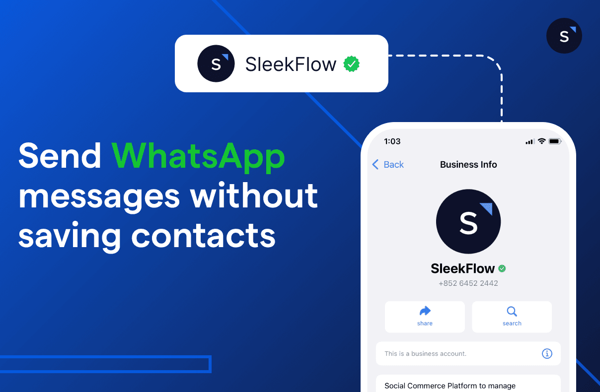 sleekflow logo connecting to smartphone showing whatsapp messaging without contact saving feature.