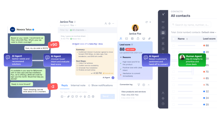 AgentFlow communicating with a prospect over WhatsApp and qualifying the lead before handing over to a human agent with internal notes