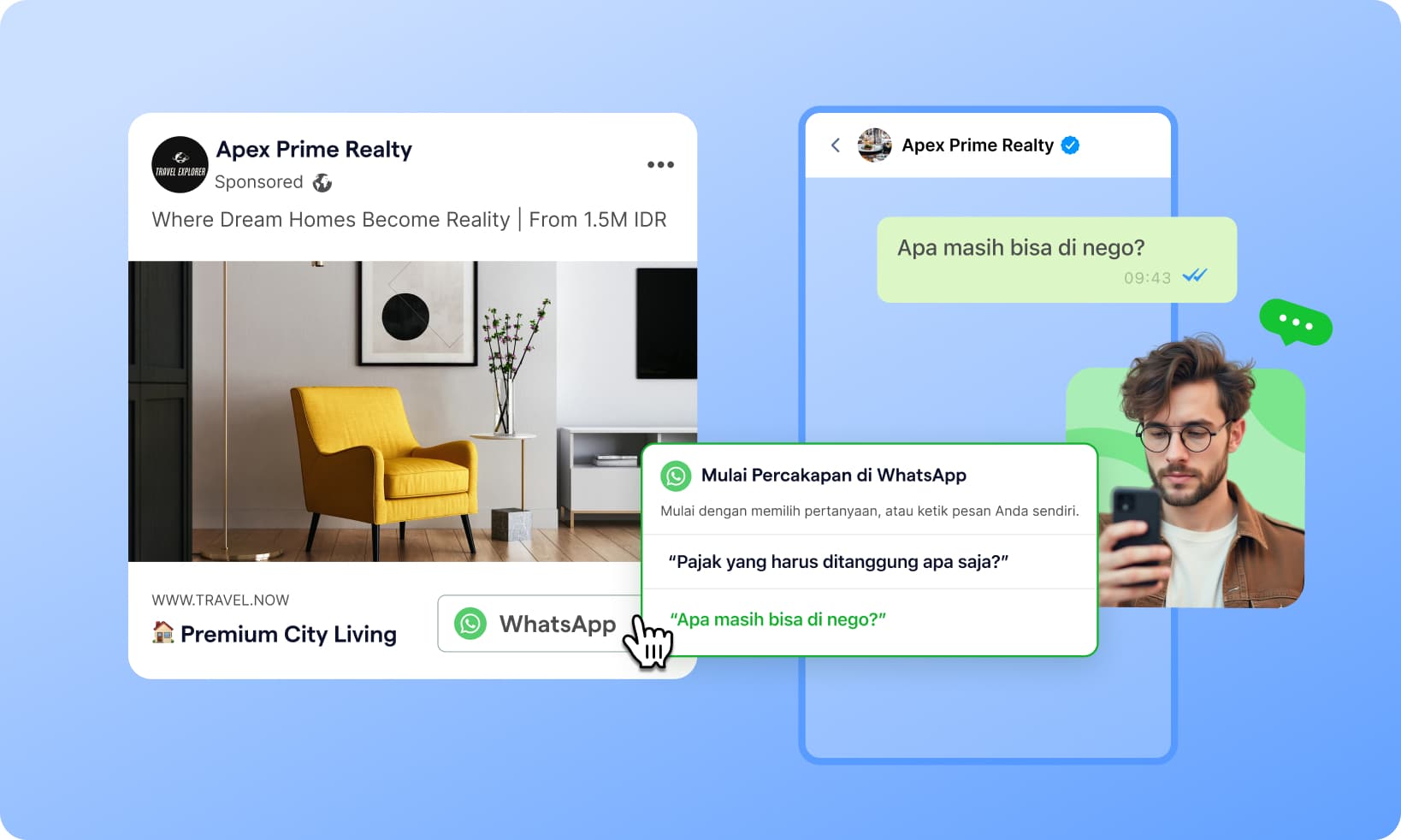 Contoh percakapan di WhatsApp dengan pertanyaan pre-filled