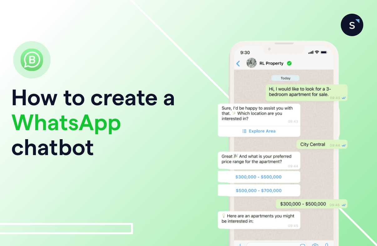 create whatsapp chatbot blog header with a whatsapp chatbot conversation